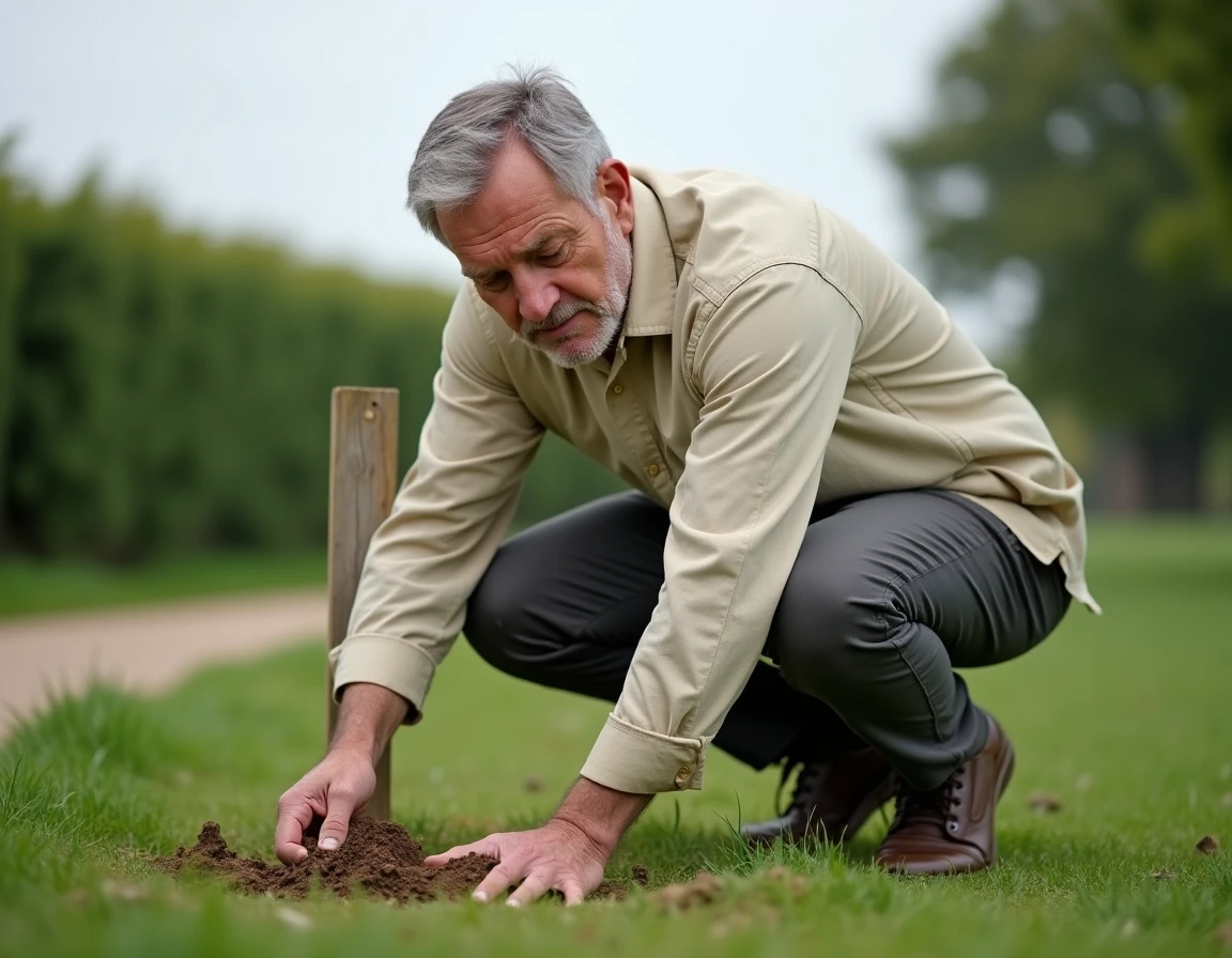 Homme examinant un terrain communal en friche avant achat, pressant sa main sur la terre dans un environnement semi-rural