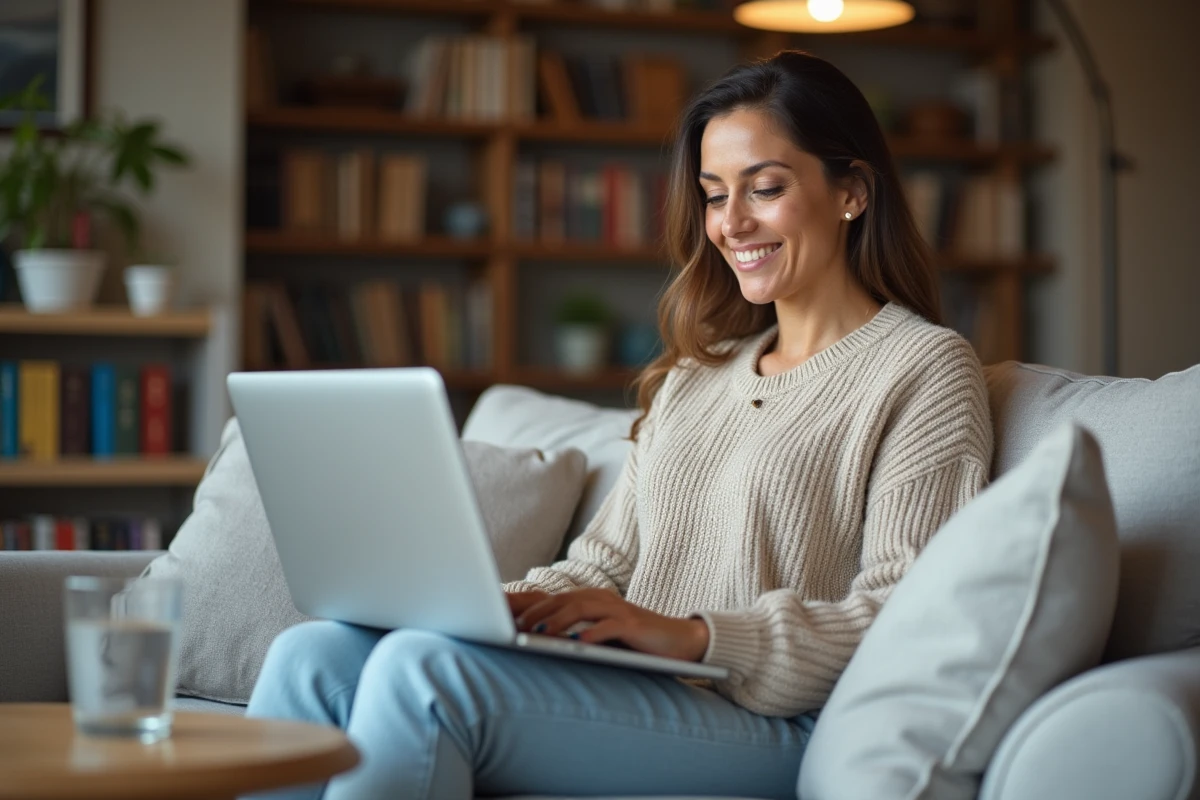 Adhérente de la mutuelle Ociane Matmut consultant ses services en ligne depuis son espace personnel sur ordinateur portable à domicile