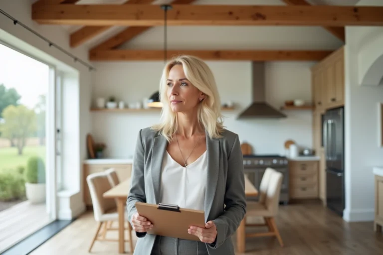 Femme blonde professionnelle dans une maison rénovée style farmhouse, tenant un clipboard, ambiance immobilier télé-réalité