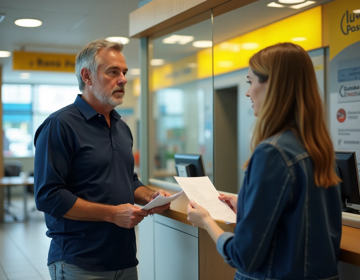 Client discutant avec un conseiller à La Banque Postale pour augmenter temporairement son plafond de virement