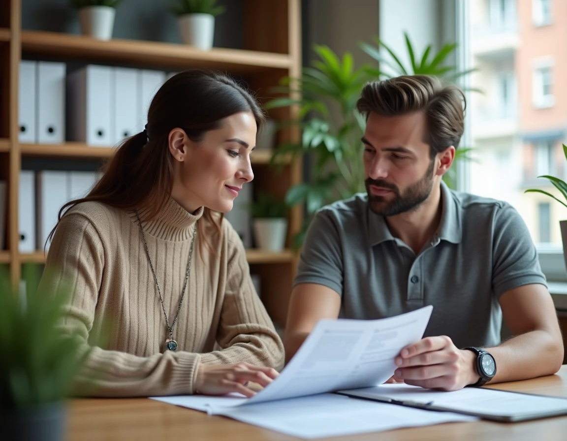 Deux collègues d'une entreprise consultent ensemble un guide sur les codes Action Logement pour une demande de logement
