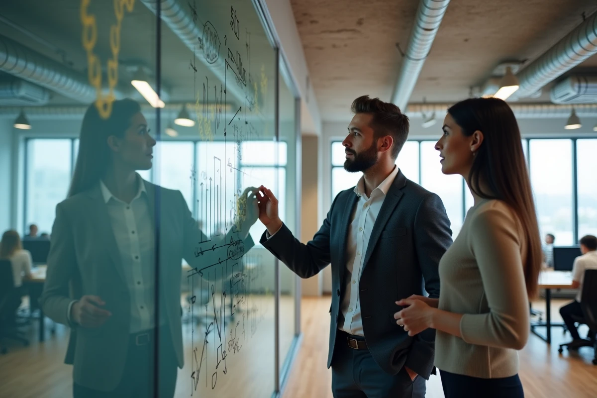 Deux collègues discutant de stratégies d'investissement devant un tableau blanc avec des graphiques financiers dans un espace de coworking