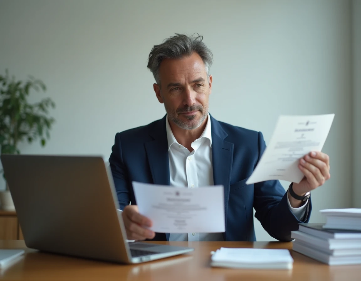Homme comparant un diplôme papier avec le site officiel RNCP sur ordinateur