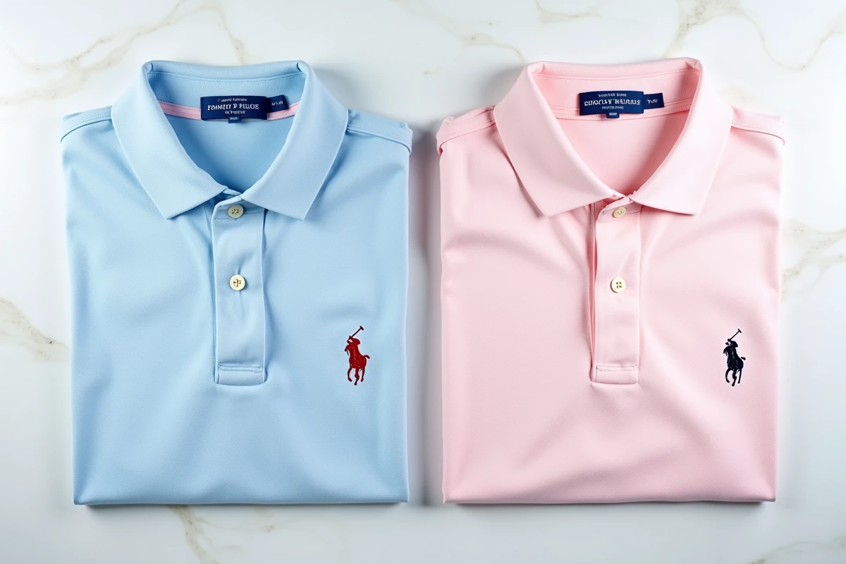 Comparaison côte à côte de deux polos brodés représentant les logos distinctifs de Polo Club et Ralph Lauren sur marbre blanc