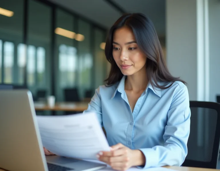 Une conseillère RH examine des documents Action Logement liés aux codes entreprise et codes spécifiques sur son bureau