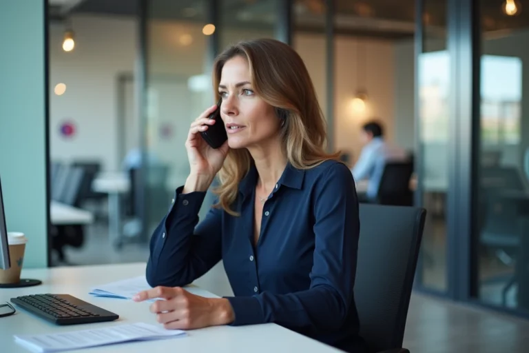 Conseillère du service client de la mutuelle Ociane Matmut répondant aux demandes des assurés par téléphone dans un bureau moderne