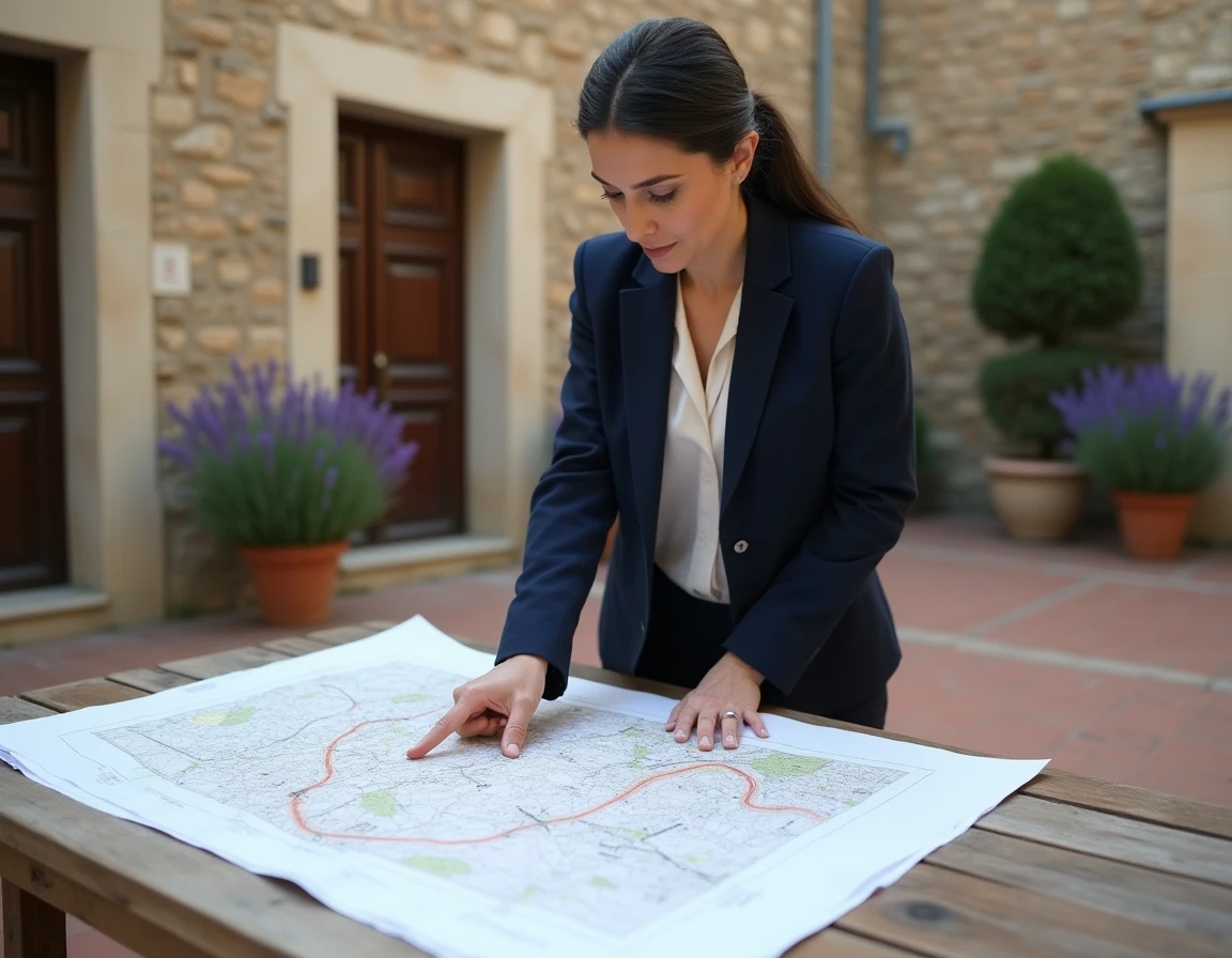 Femme consultant des plans cadastraux pour l'achat d'un terrain communal auprès d'une mairie française