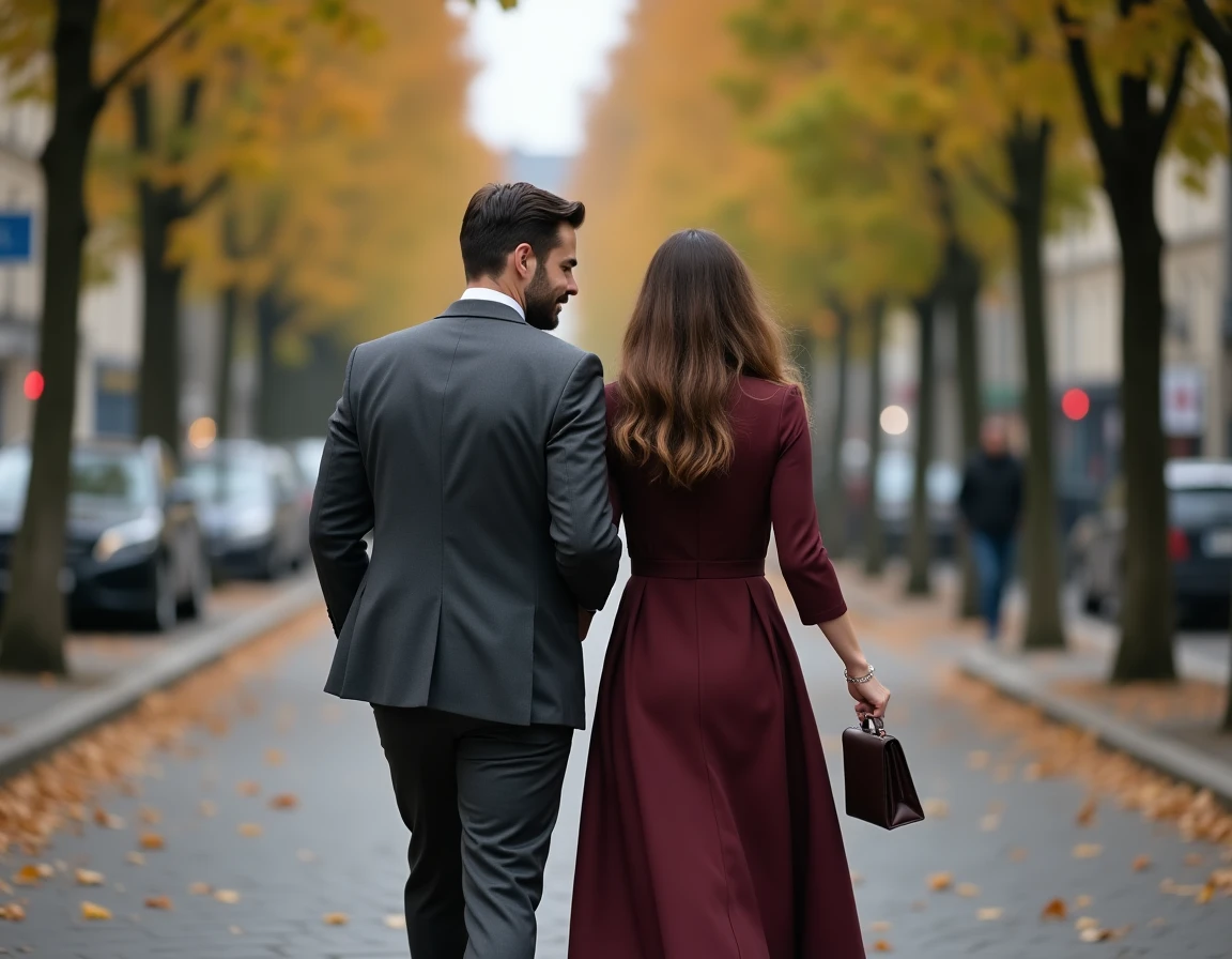 Couple discret et élégant marchant sur un boulevard parisien en automne, duo influent dans un cadre authentique et naturel