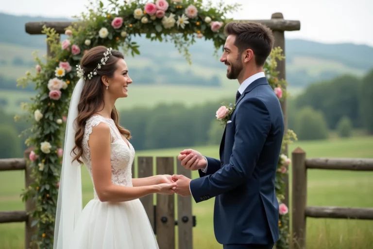 Jeune couple échangeant des vœux en plein air lors d'un mariage