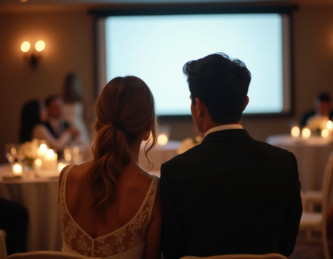 Couple de mariés regardant un diaporama projeté lors de leur réception de mariage