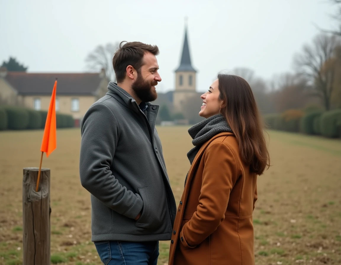Couple debout sur un terrain communal délimité dans un village français, envisageant un projet d'achat immobilier
