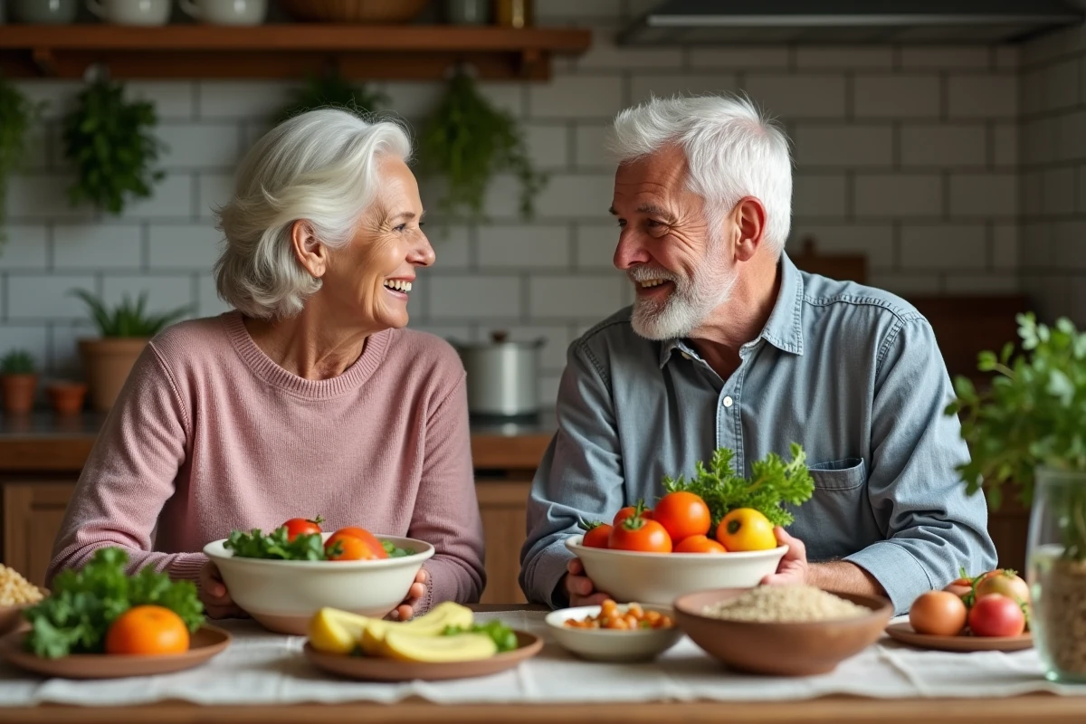 Couple de seniors partageant un repas sain et équilibré dans une cuisine conviviale