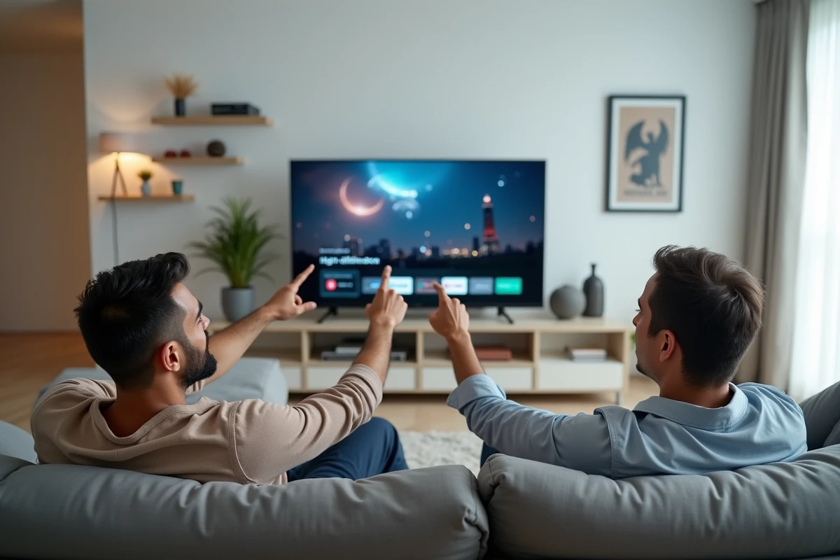 Couple regardant un film en haute définition sur une smart TV grâce au service Real Debrid, profitant des avantages d'un abonnement premium pour le streaming