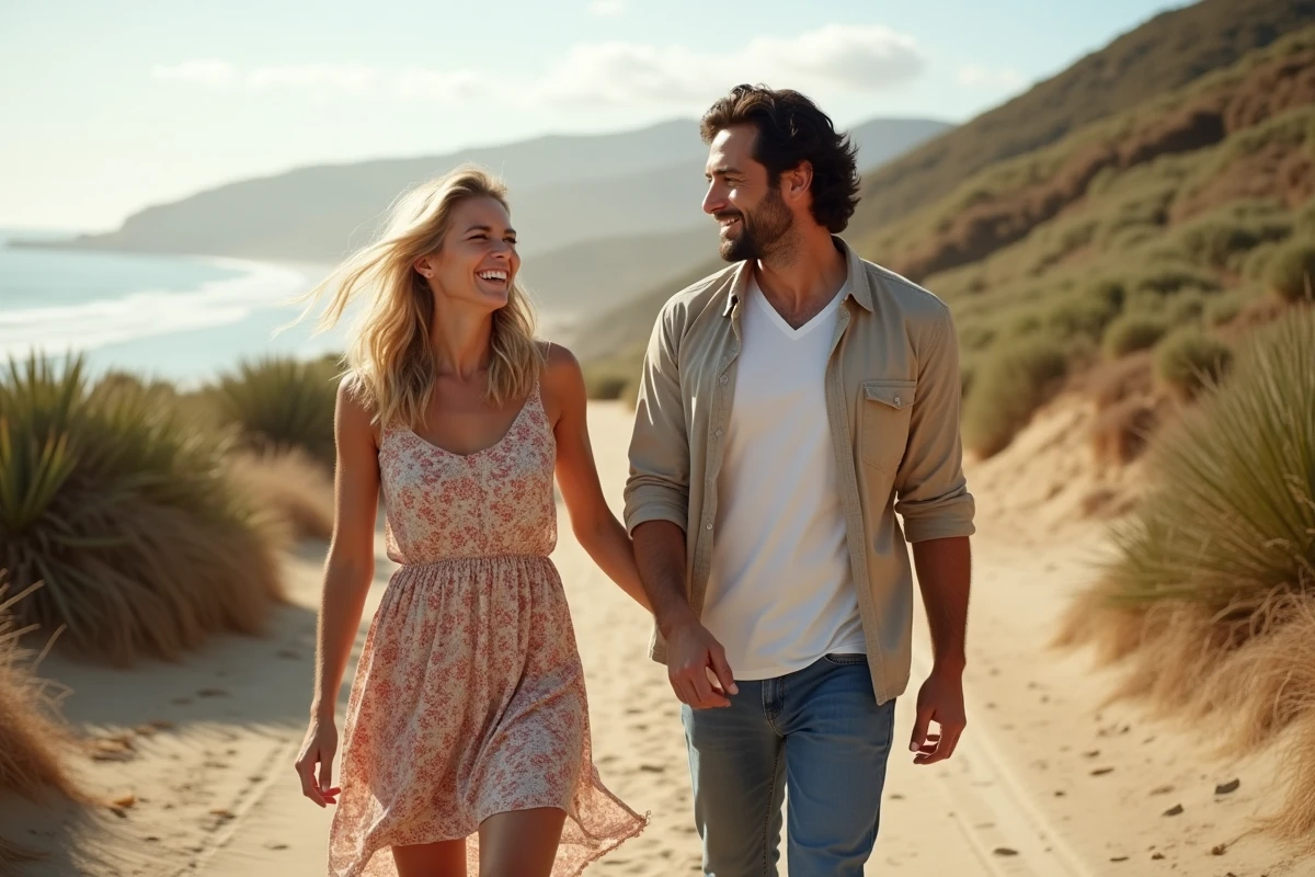 Couple se promenant sur un sentier côtier californien, ambiance lifestyle et télé-réalité immobilier