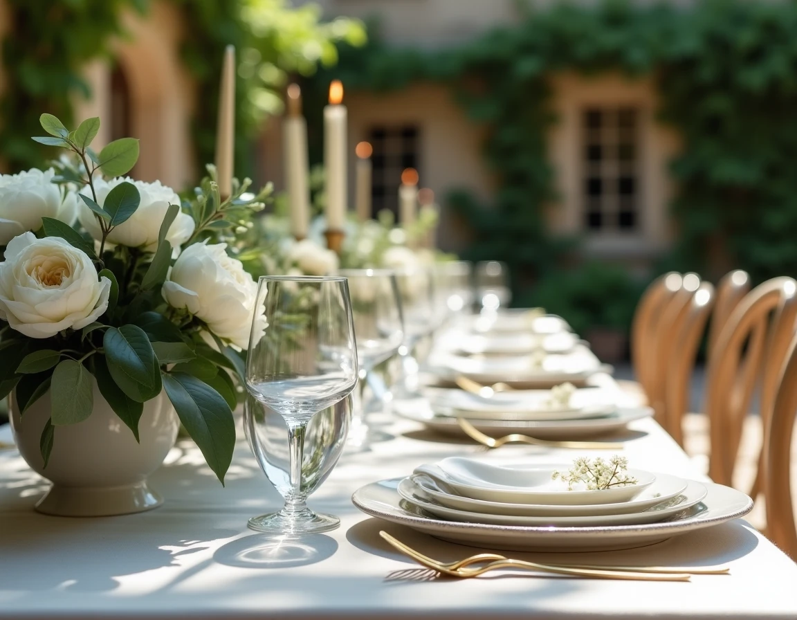 Table de réception de mariage décorée de pivoines blanches et de verrerie en cristal dans une cour provençale