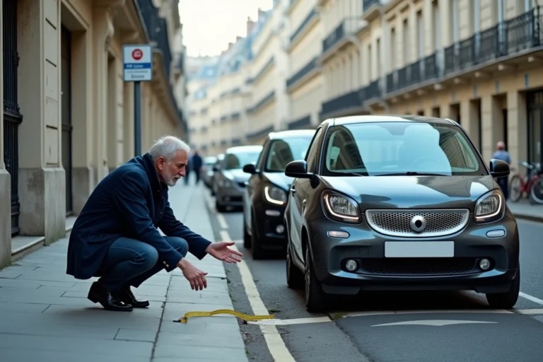 Homme mesurant la distance légale entre deux voitures en stationnement dans une rue résidentielle française