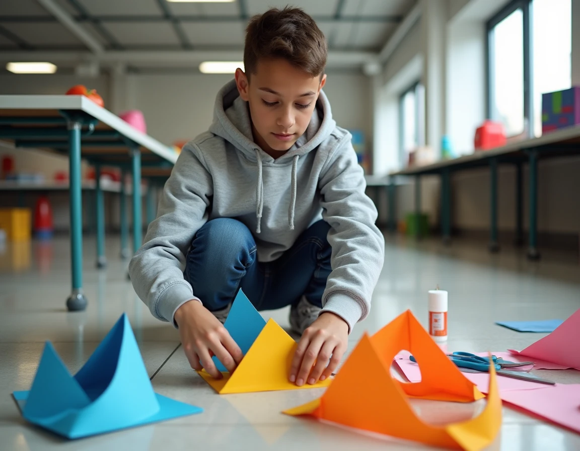 Élève construisant un patron en carton de pyramide à base triangulaire pour comprendre le calcul de volume en classe