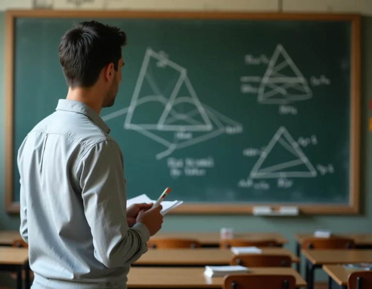 Enseignant expliquant le calcul du volume d'une pyramide à base triangulaire au tableau noir avec formules géométriques