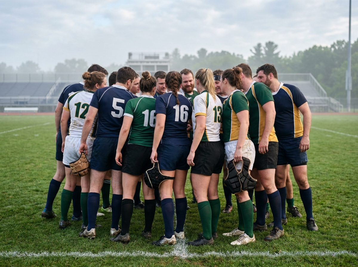 Groupe d équipe rugby en huddle sur le terrain
