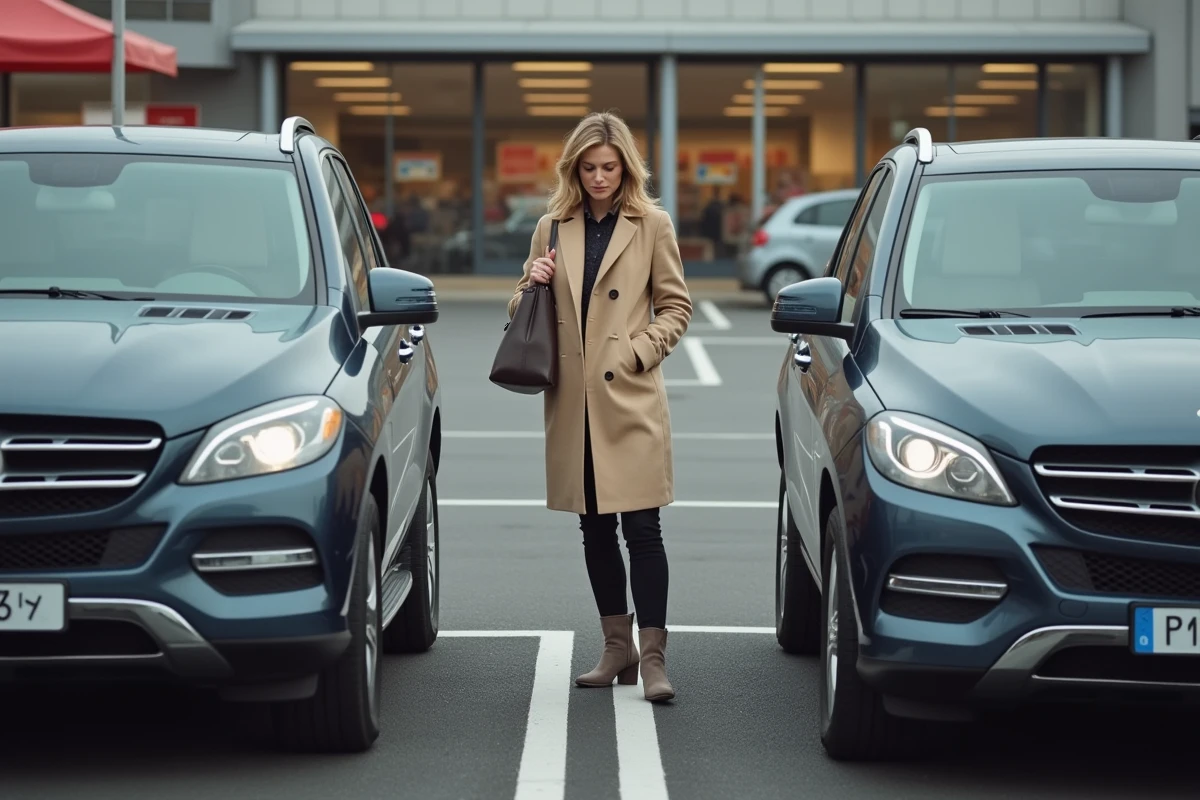 Femme observant l'espace entre deux voitures garées dans un parking de supermarché en France