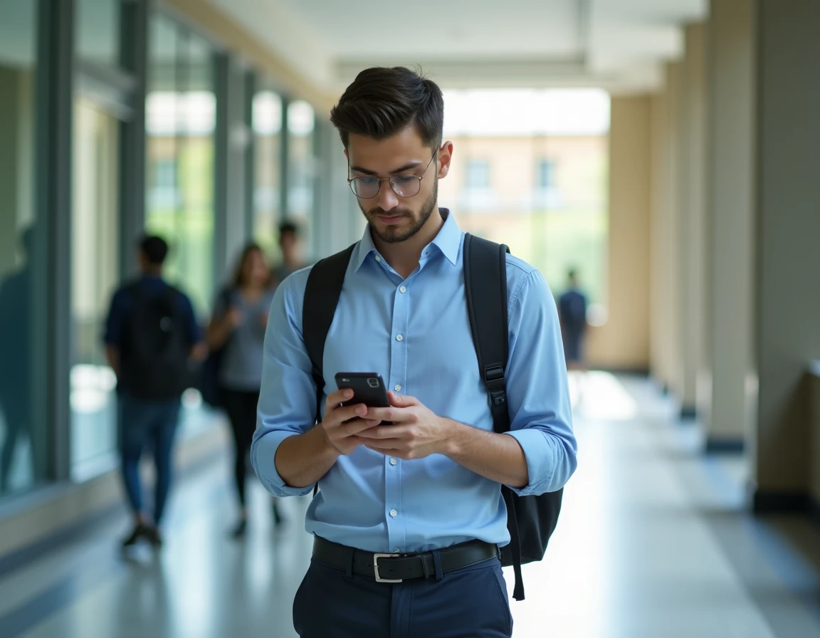 Étudiant consultant sa messagerie ENT sur smartphone dans un couloir de campus universitaire
