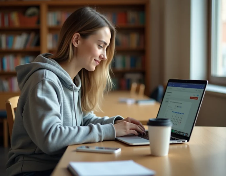 Étudiante utilisant l'ENT de l'université sur un ordinateur portable dans une bibliothèque universitaire moderne