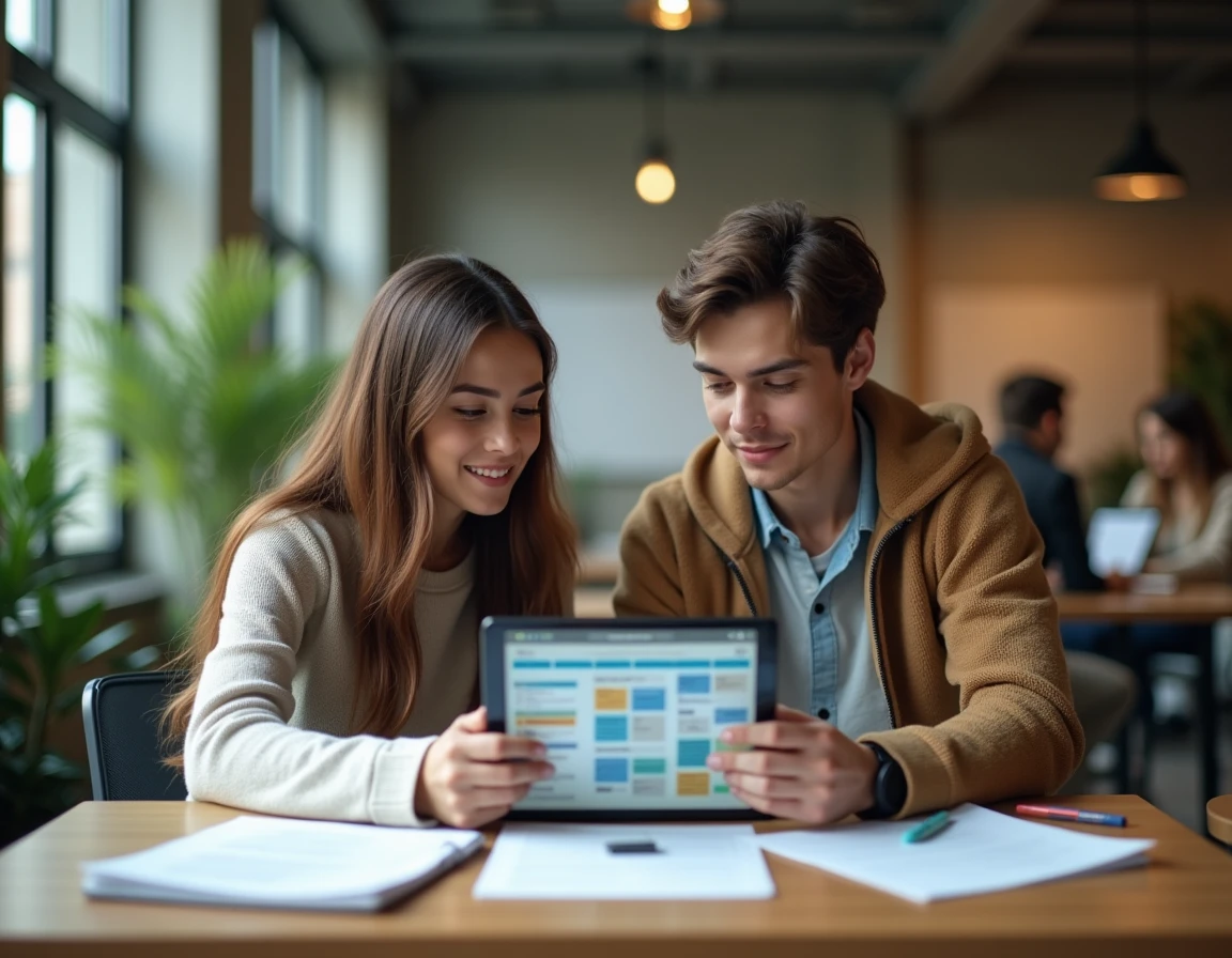 Deux étudiants organisant leur planning universitaire sur une tablette via l'ENT dans un espace de travail collaboratif