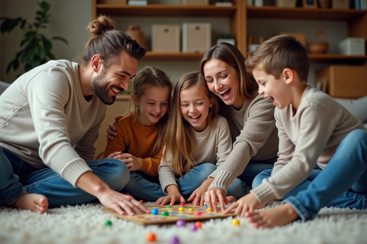 Famille jouant à un jeu de société dans un salon chaleureux