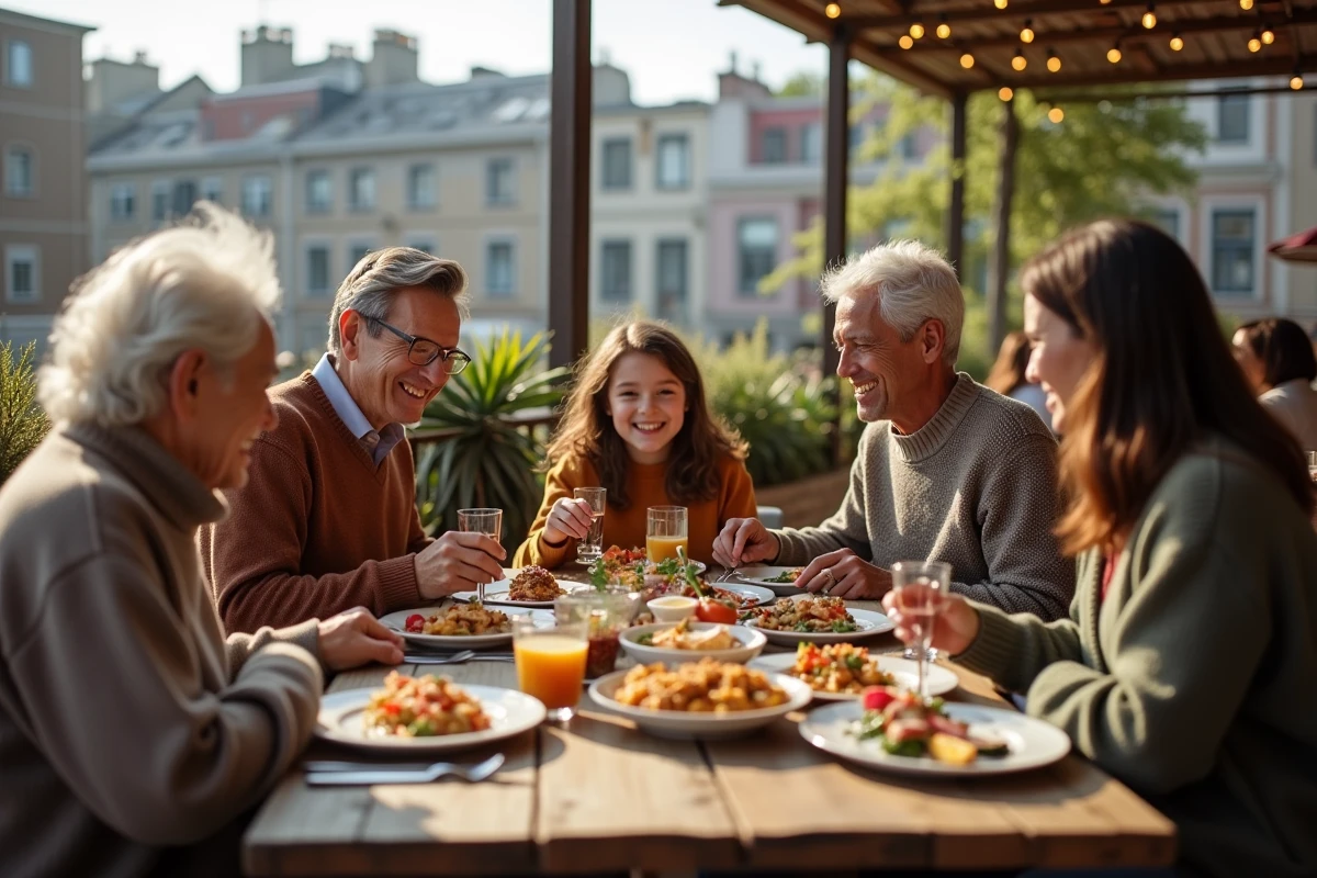 Famille multigeneration partageant un repas en terrasse
