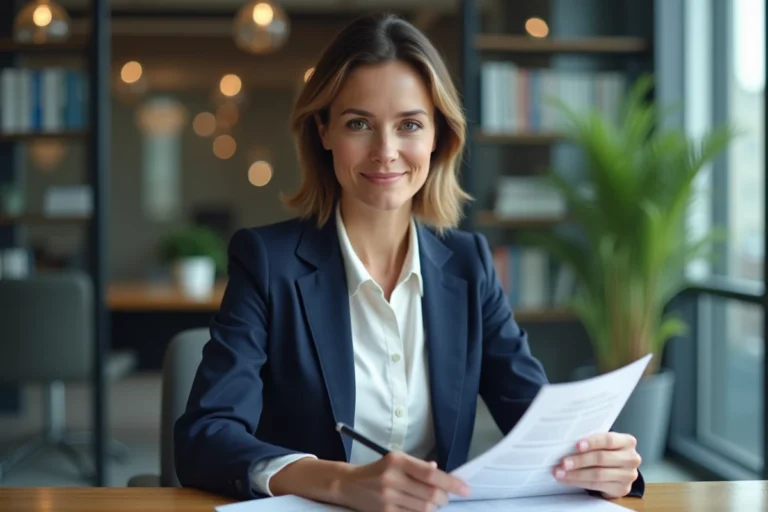 Femme d'affaires confiante examine des documents financiers