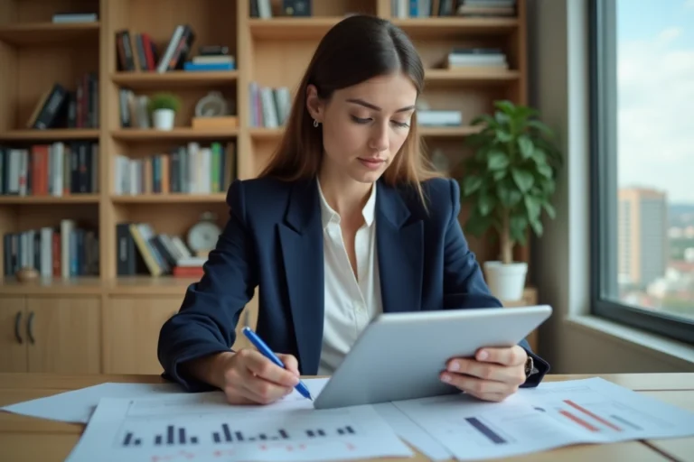 Femme analyant des graphiques financiers et une tablette dans un bureau à domicile moderne, stratégie d'investissement pour débutants