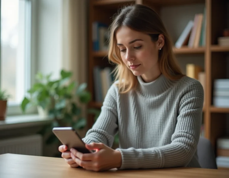 Femme consultant son application bancaire La Banque Postale sur smartphone pour augmenter son plafond de virement