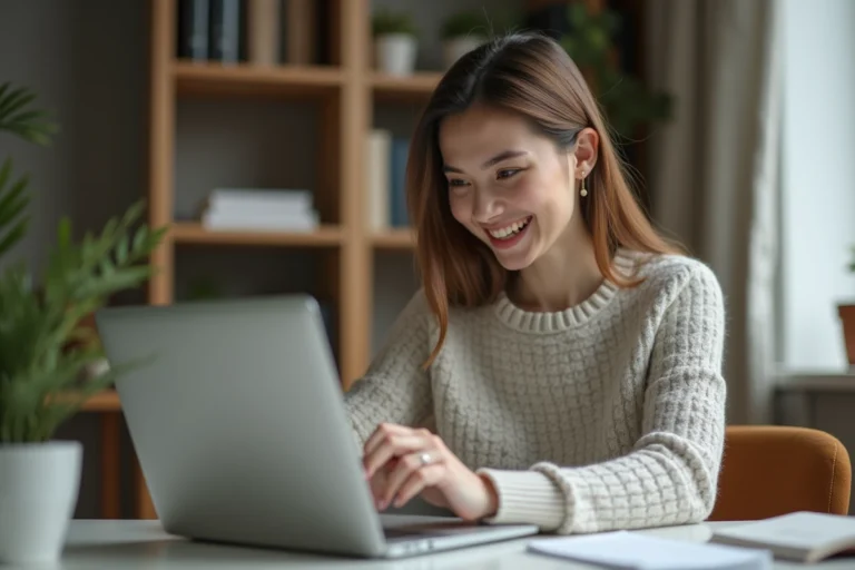 Femme au bureau avec notification sur son ordinateur