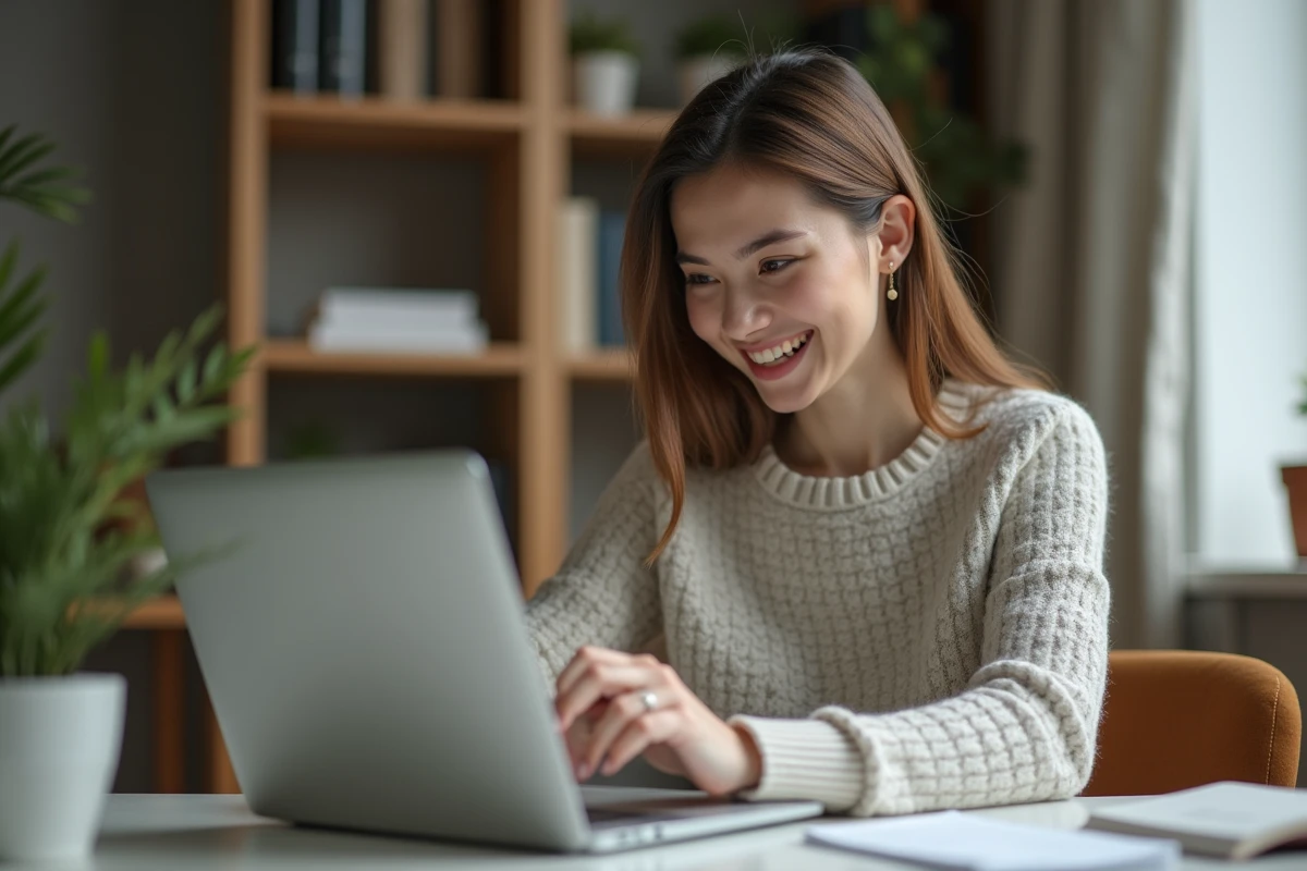 Femme au bureau avec notification sur son ordinateur