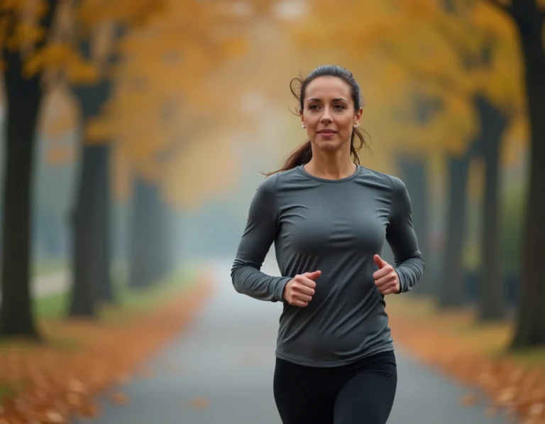 Femme en tenue de sport courant sur un chemin de parc en automne, expression déterminée et concentrée illustrant les bienfaits mentaux du sport