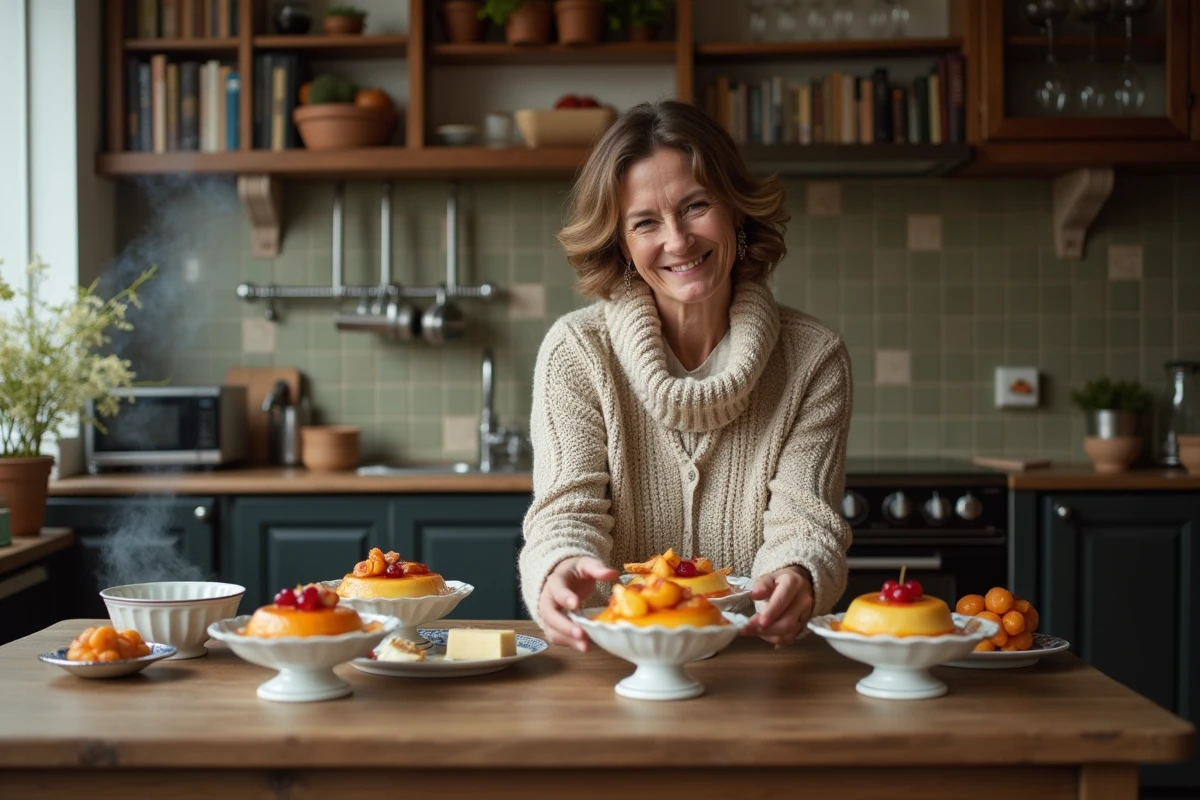 Femme souriante arrangeant desserts dans une cuisine parisienne