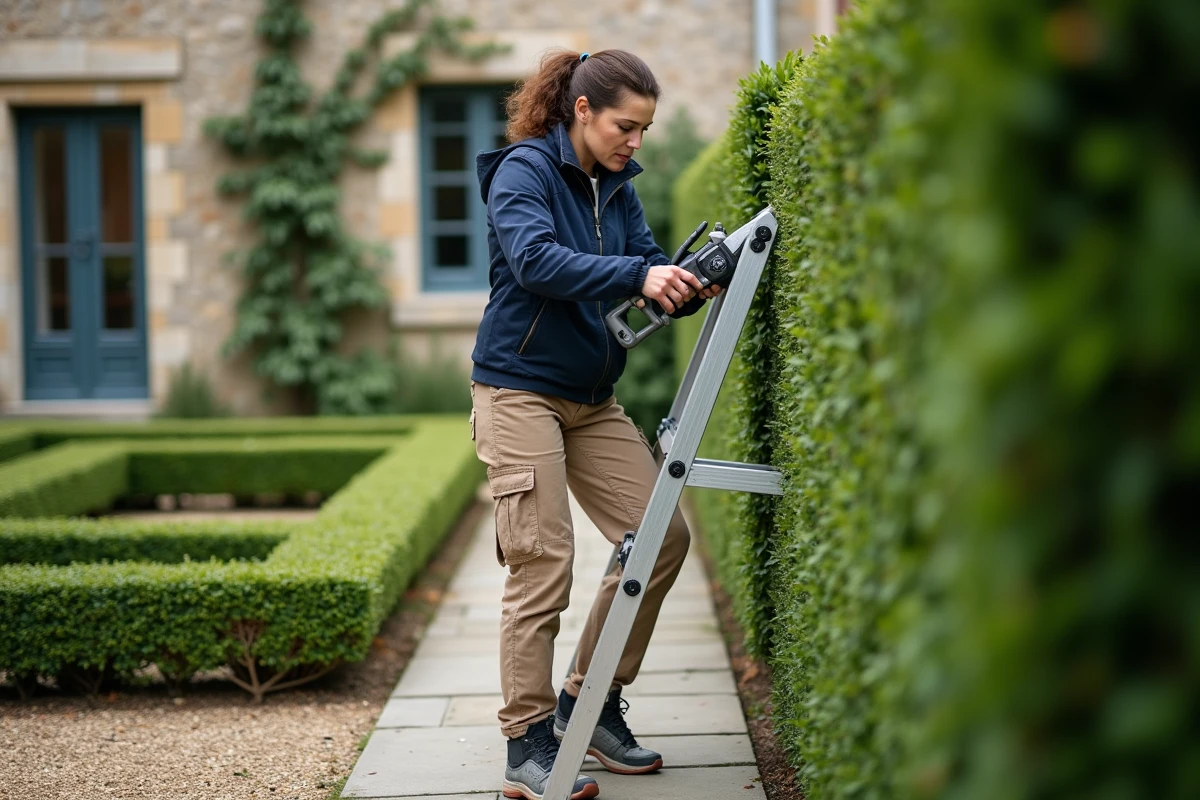 Femme sur un escabeau taillant le dessus d'une haie large en buis dans un jardin à la française