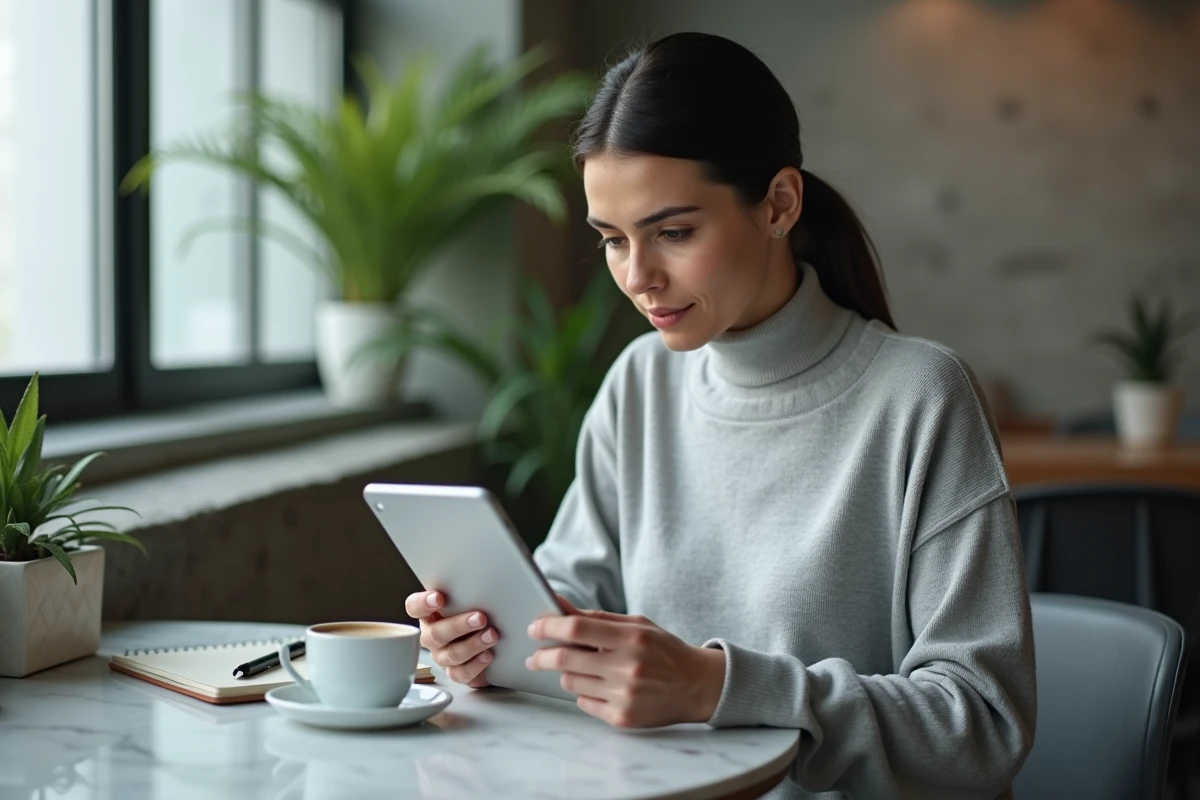 Femme gérant un plan d'investissement programmé sur smartphone et tablette dans un café urbain moderne