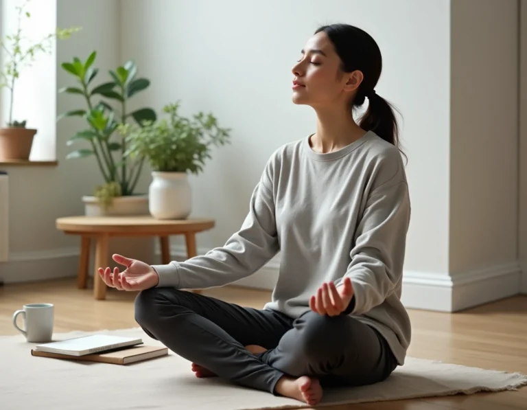 Femme en méditation assise sur un plancher en bois dans un bureau minimaliste, illustrant la reprogrammation du subconscient