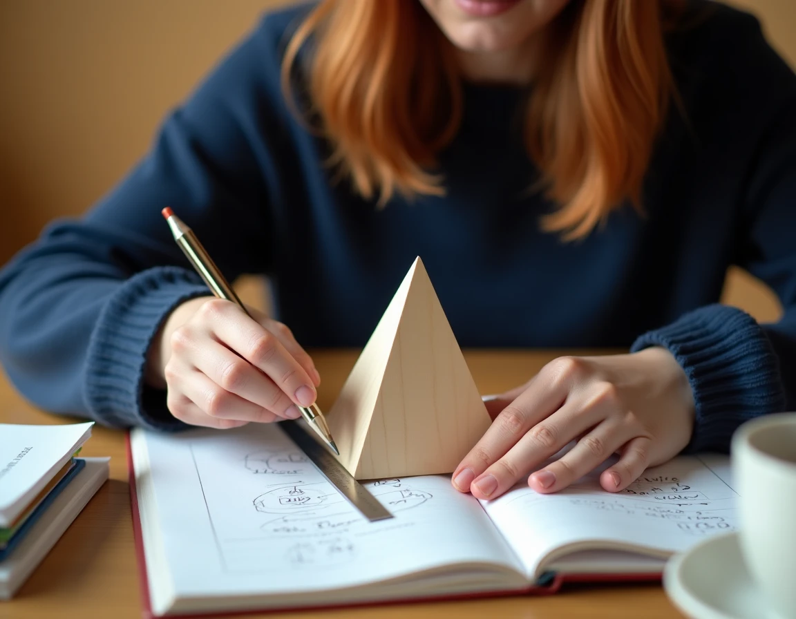 Femme mesurant un modèle en bois de pyramide triangulaire avec règle et carnet de calculs mathématiques