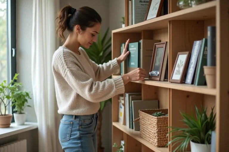 Femme organisée dans un salon lumineux avec étagère en bois