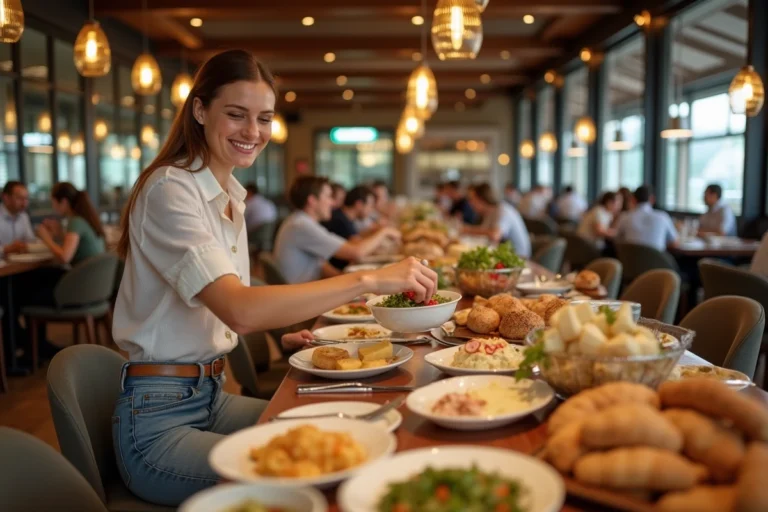 Femme souriante se servant à un buffet de salades et fromages