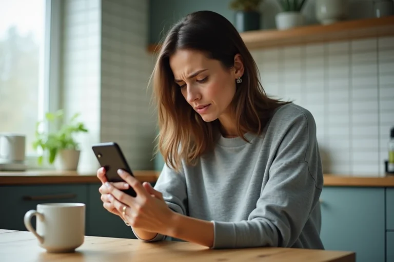 Femme consultant son smartphone avec une expression perplexe en attendant un accusé de réception de SMS