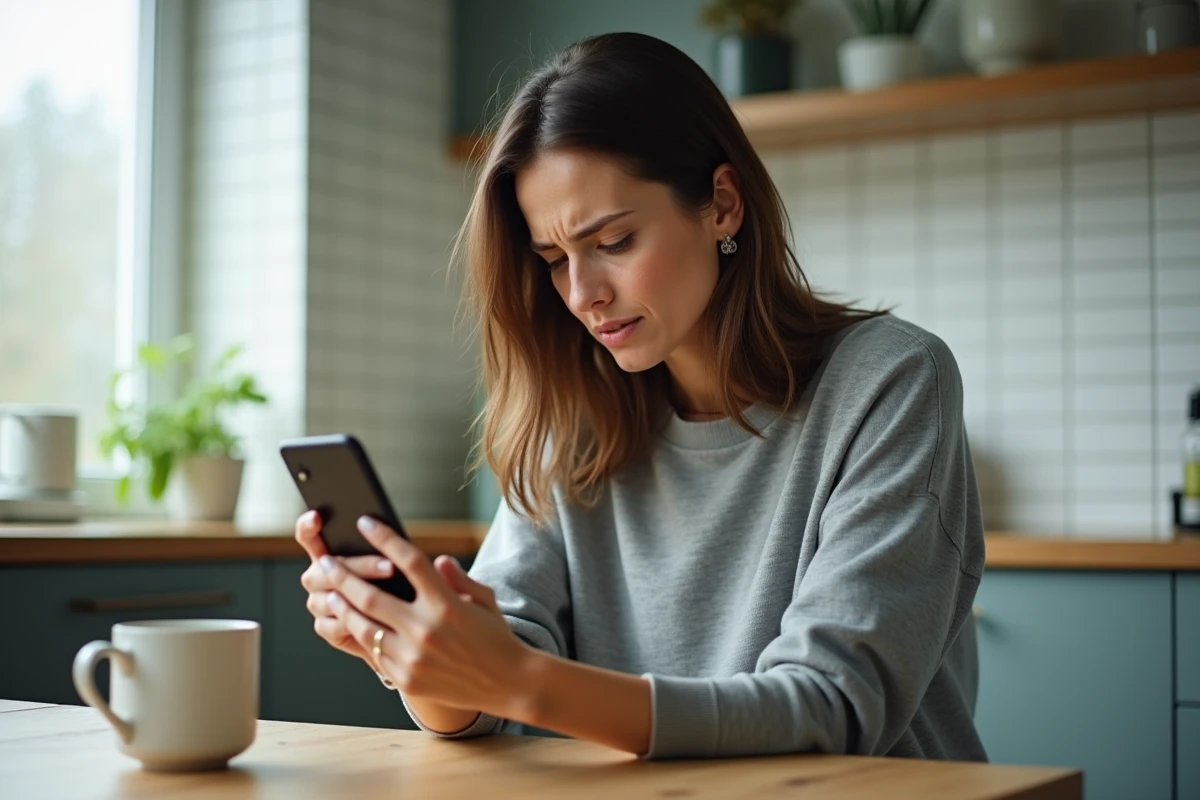 Femme consultant son smartphone avec une expression perplexe en attendant un accusé de réception de SMS