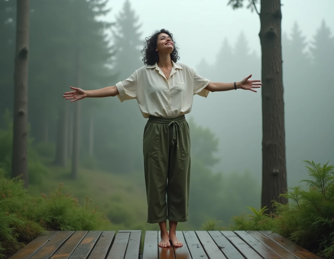 Femme debout sur une terrasse en forêt brumeuse les bras ouverts, évoquant la transformation personnelle et la reprogrammation du subconscient