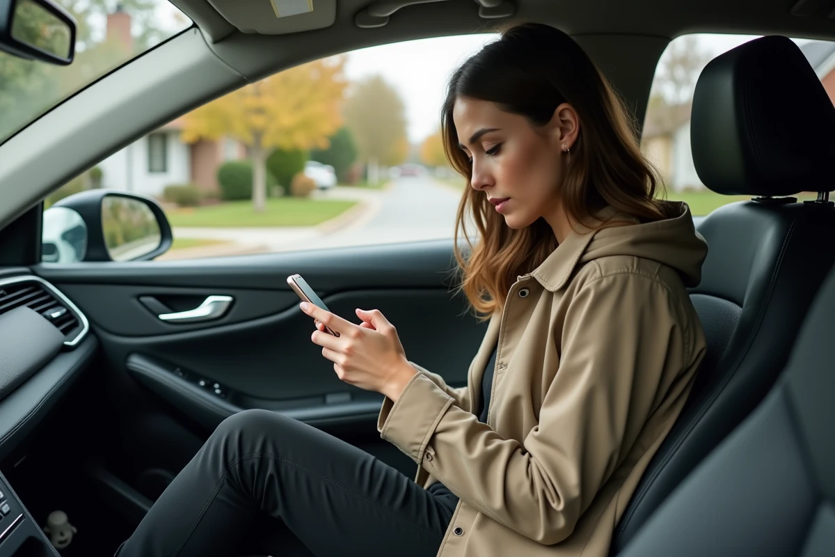 Femme dans la voiture vérifiant son GPS sur smartphone