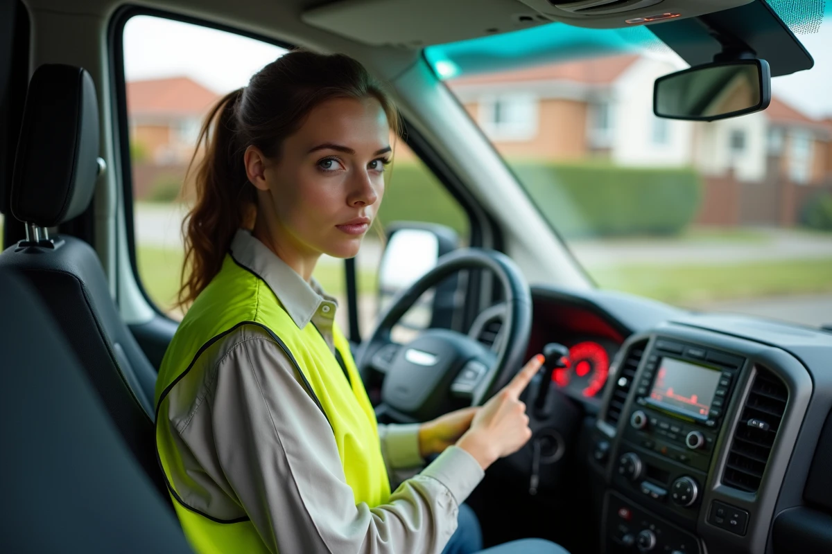 Jeune femme pointant le tableau de bord du van