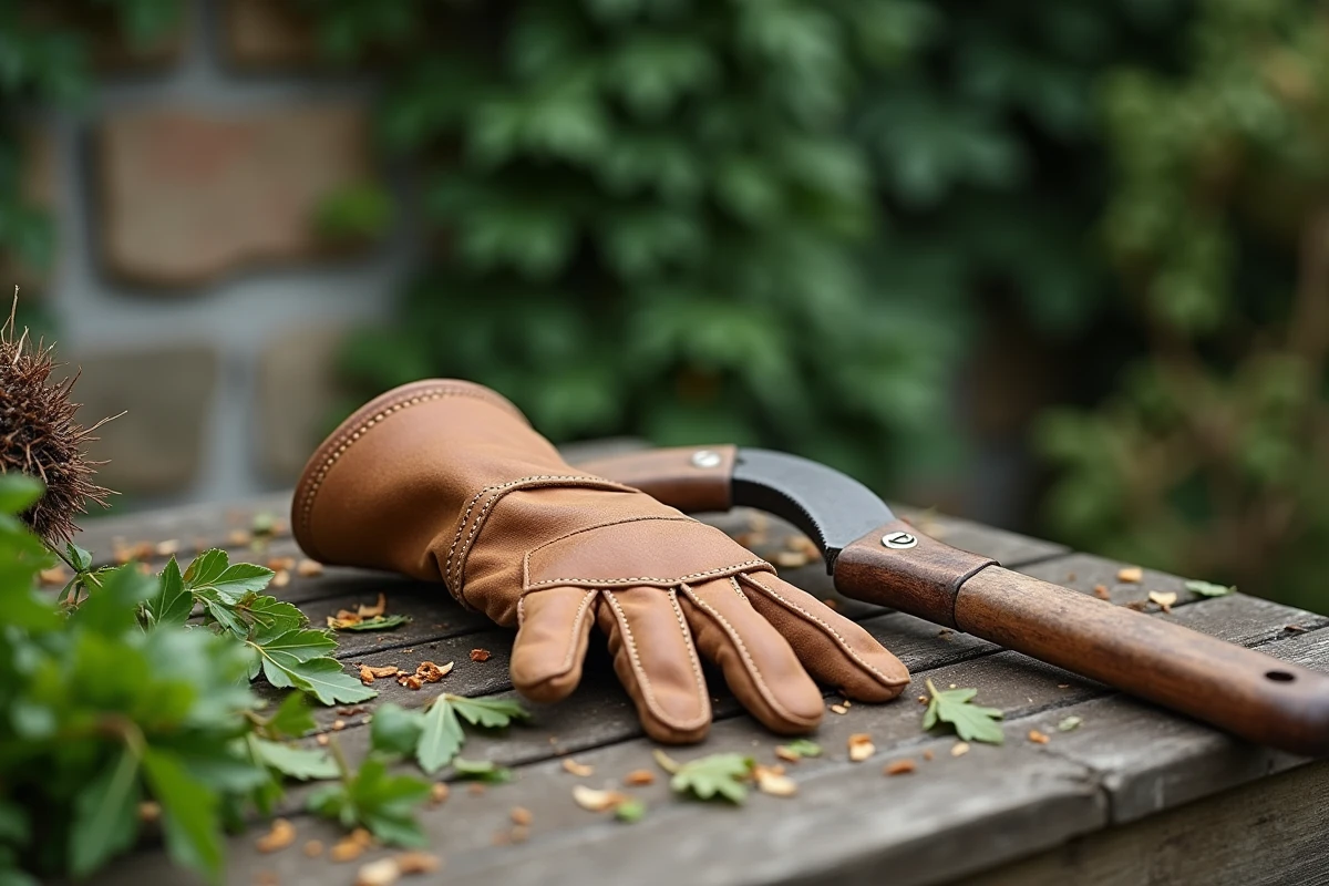 Gants de jardinage et scie d'élagage posés sur une haie taillée avec des branchages coupés autour