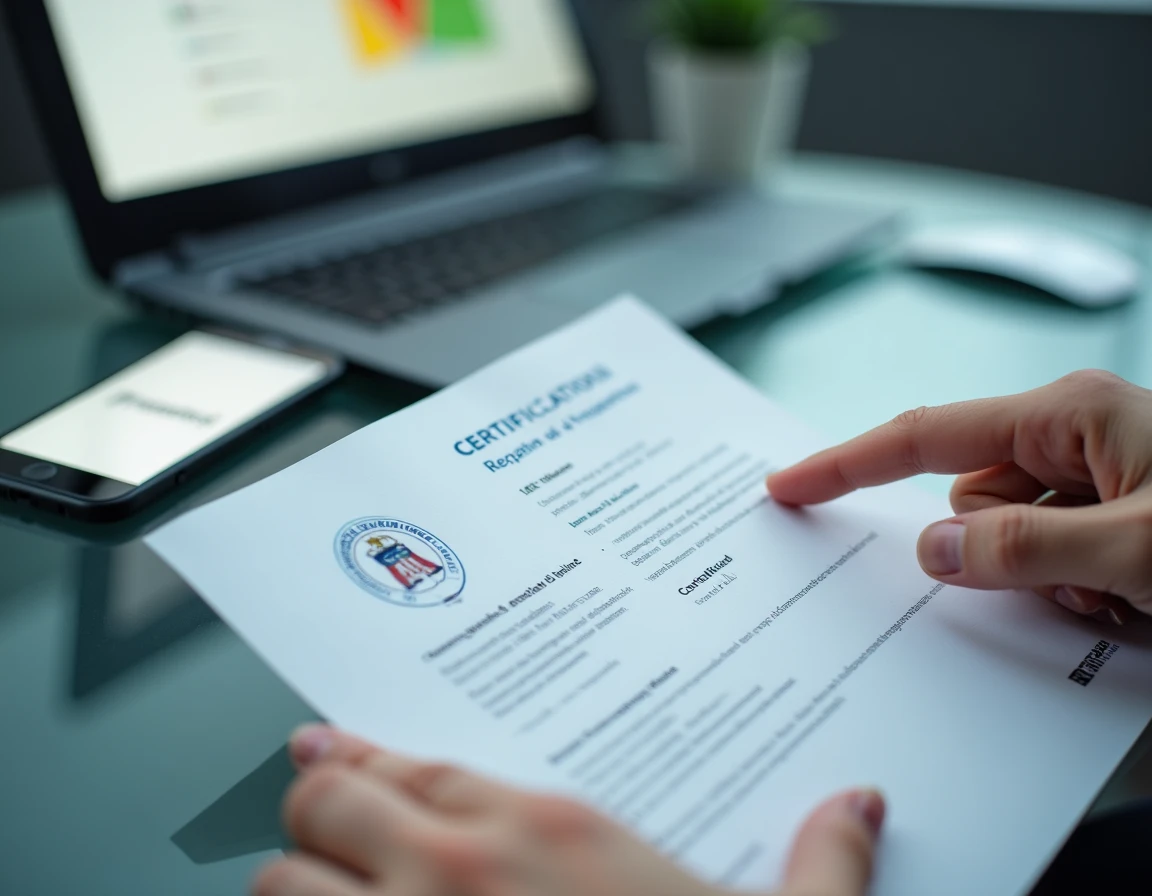 Gros plan sur un diplôme RNCP avec numéro d'enregistrement pointé du doigt