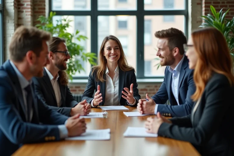 Groupe de professionnels en coworking discutant